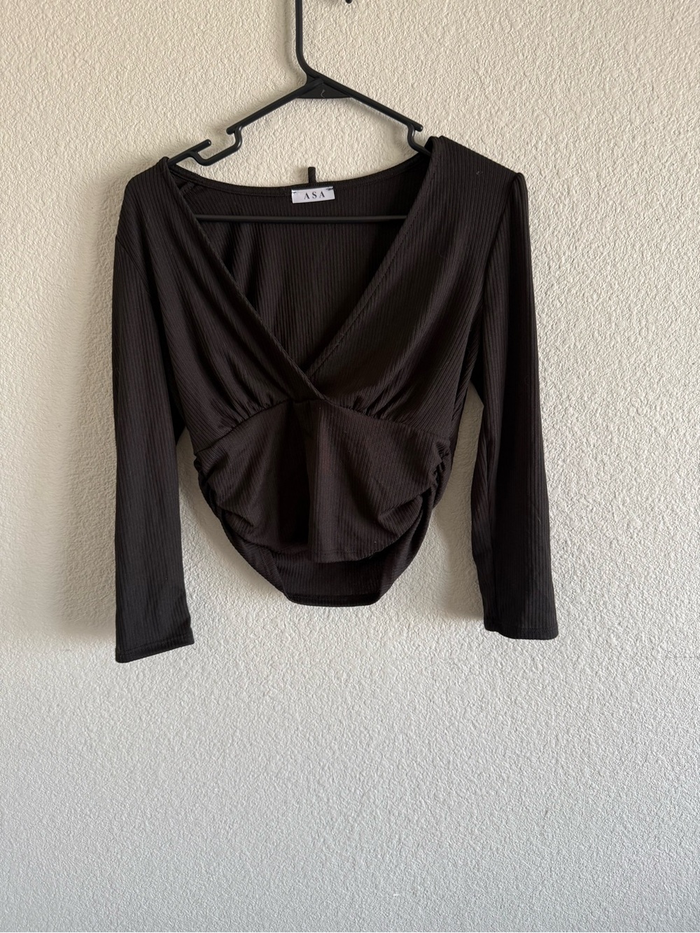 Black Long-Sleeve Ruched V-Neck Wrap Top